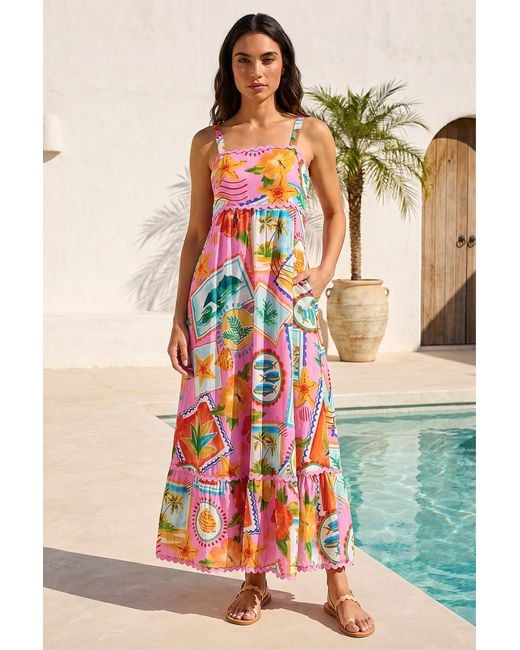 Roman Pink Postcard Print Ric Rac Maxi Dress