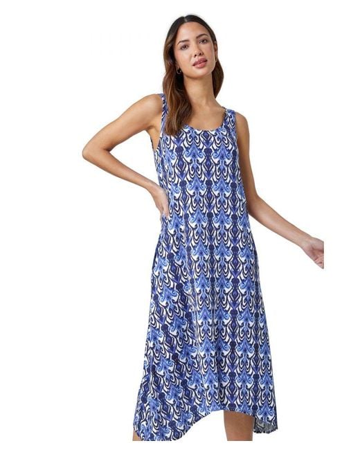 Roman Blue Sleeveless Aztec Print Midi Stretch Dress