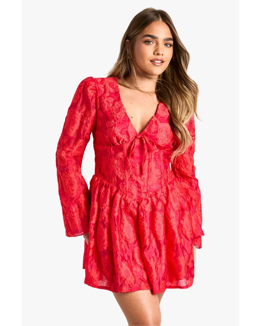 Boohoo Red Petite Jacquard Floral Corset Detail Skater Dress