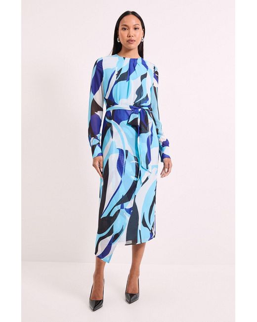 PRINCIPLES Blue Abstract Belted Workwear Midi Dress