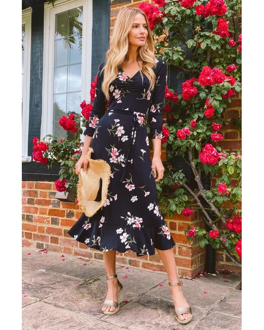 Sosandar Black Floral Print Jersey Midi Dress