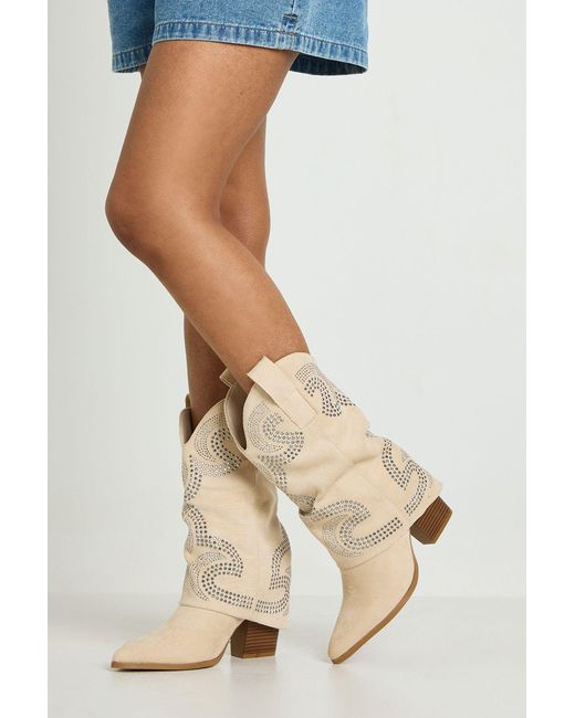 Boohoo Natural Faux Suede Fold Over Stud Detail Western Boots