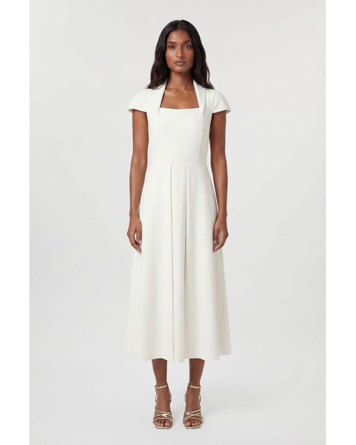 Karen Millen White Compact Stretch Tailored Square Neck Full Skirted Midi Dress