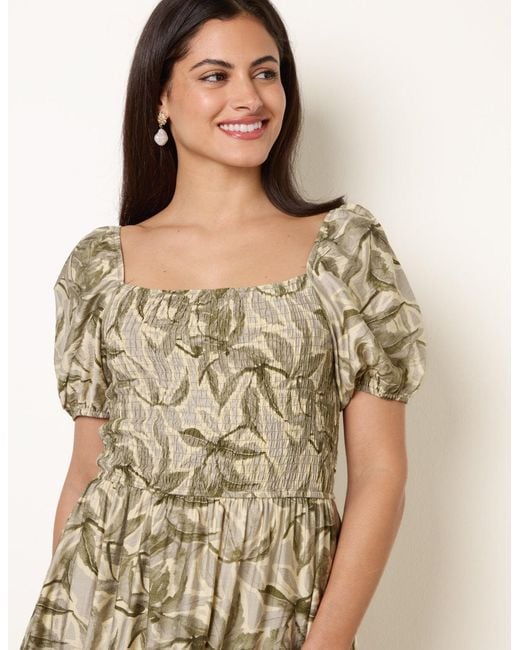Blue Vanilla Natural Large Floral Printed Square Neck Puff Sleeve Dress