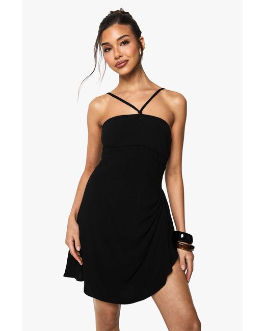 Boohoo Black Linen Look Drape Wrap Mini Dress