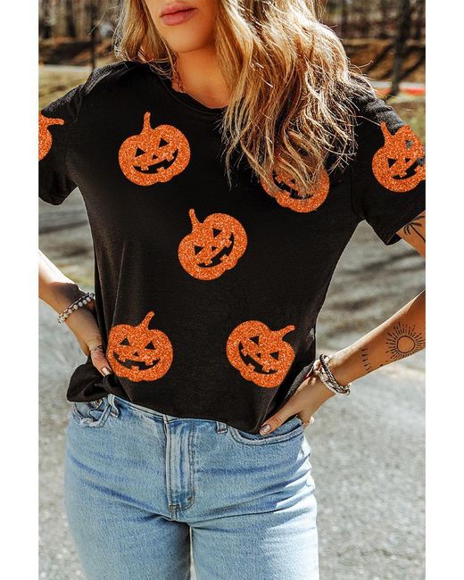 Azura Exchange Gray Pumpkin Glitter Graphic Tee
