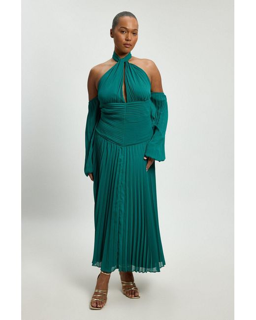 Karen Millen Green Plus Size Crinkle Cold Shoulder Georgette Woven Maxi Dress