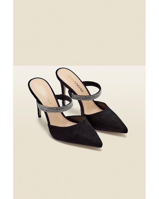 Sosandar Black Sofia Suede Diamante Strap Pointed Toe Mule