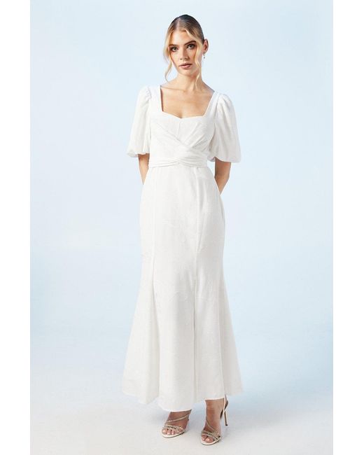 Oasis White Puff Sleeve Satin Jacquard Wrap Waist Wedding Dress