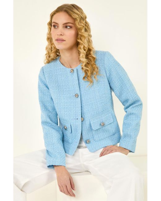 Roman Blue Collarless Buttoned Boucle Jacket