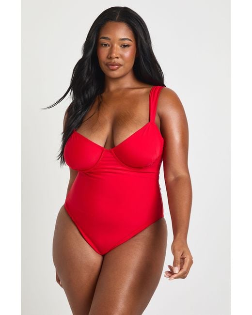 Boohoo Red Plus Balcony Bra Swimsuit
