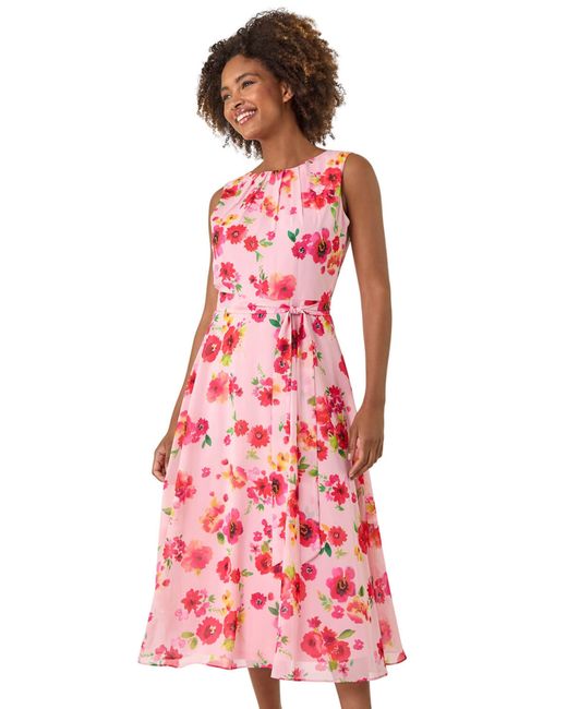 Roman Red Floral Pleated Chiffon Midi Dress