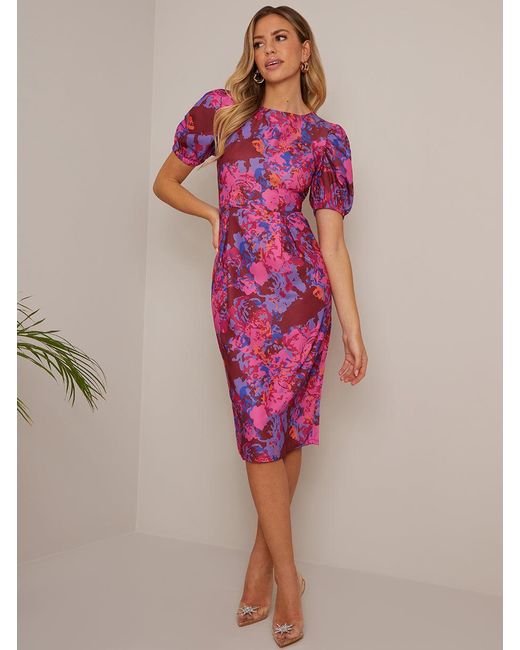 Chi Chi London Pink Short Sleeve Floral Midi Dress