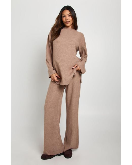 Boohoo Natural Maternity Brushed Rib High Neck Top & Trouser Lounge Set