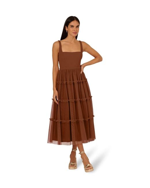 Adrianna Papell Brown Knit And Mesh Midi Dress