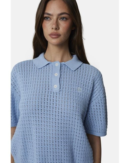 Good For Nothing Blue Cropped Pointelle Knit Polo Shirt
