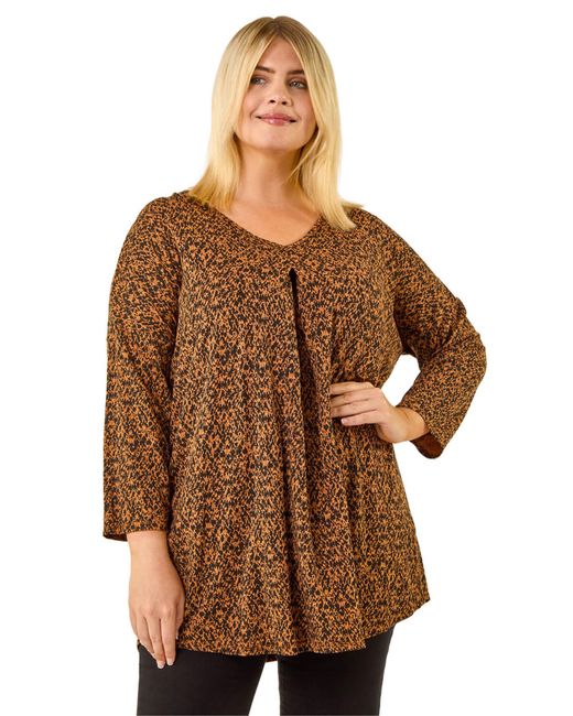 Roman Brown Curve Spot Print V-Neck Tunic Top