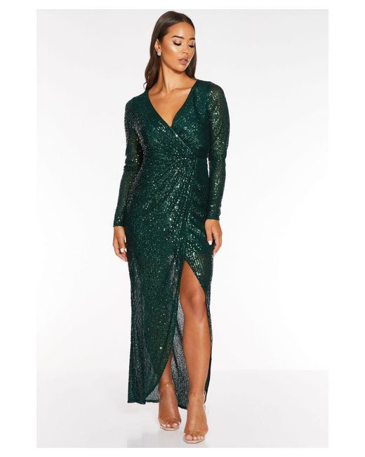 Quiz Green Sequin Long Sleeve Wrap Maxi Dress