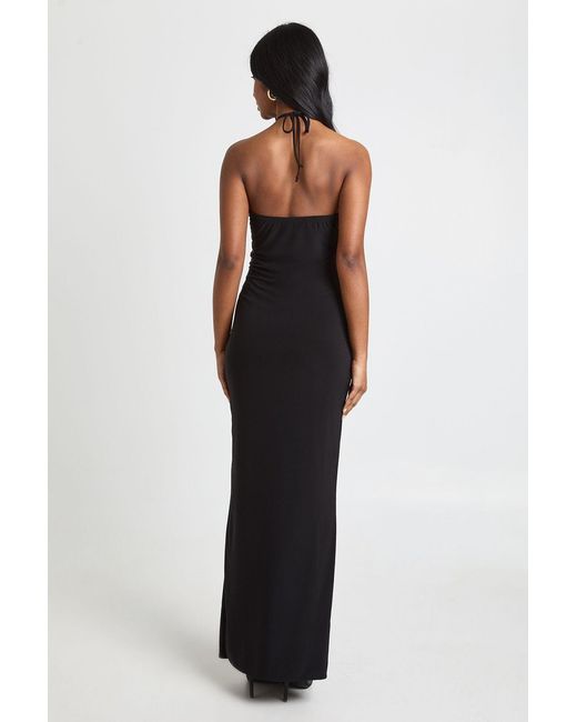 Boohoo Blue Slinky Maxi Dress With Lace Halterneck Detail