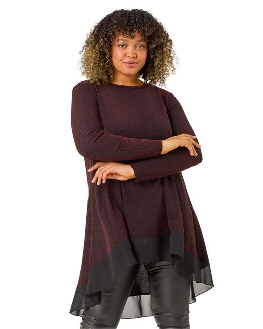 Roman Red Curve Glitter Chiffon Hem Tunic Top