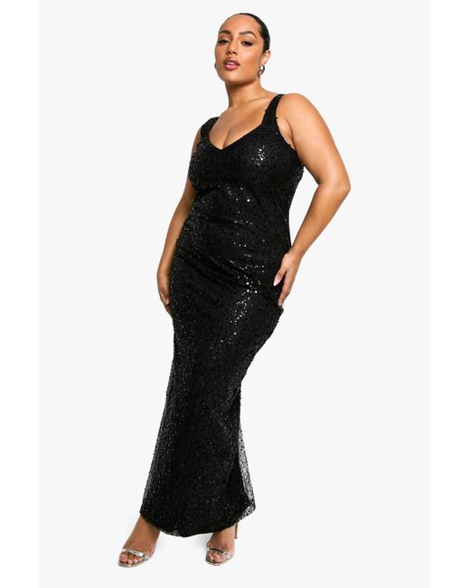 Boohoo Black Plus Beaded Sequin Plunge Maxi Dress