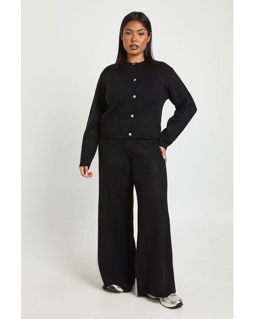 Boohoo Black Plus Crew Neck Button Down Ballon Sleeve Cardigan And Wid Leg Trouser Co Ord