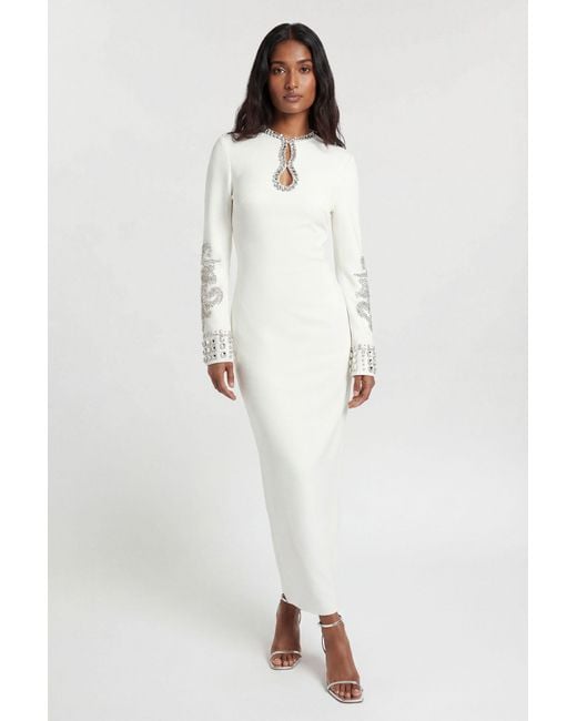 Karen Millen White Figure Form Bandage Knit Embellished Wide Sleeve Midi Dress