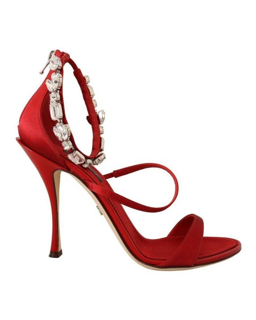 Dolce & Gabbana Red Satin Crystals Sandals Keira Heels Shoes Silk