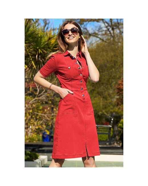 Sosandar Red Popper Front Short Sleeve Stretch Denim Dress