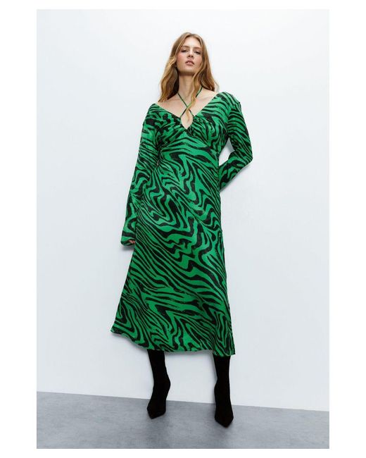 Warehouse Green Animal Satin Maxi Dress