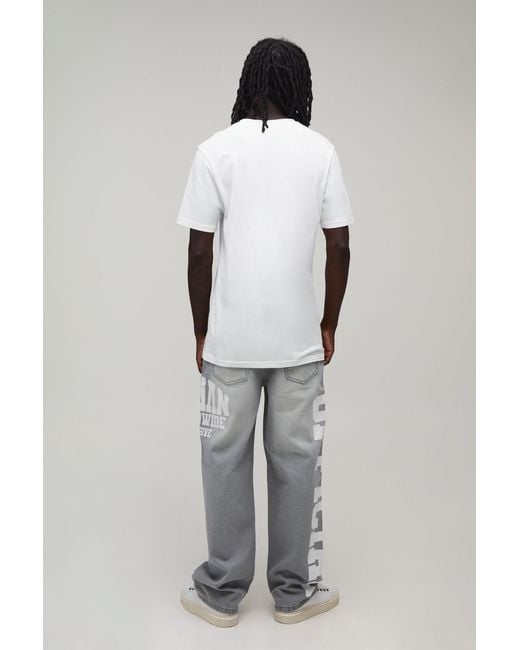BoohooMAN Gray Relaxed Rigid Official Varsity Print Denim Jeans for men