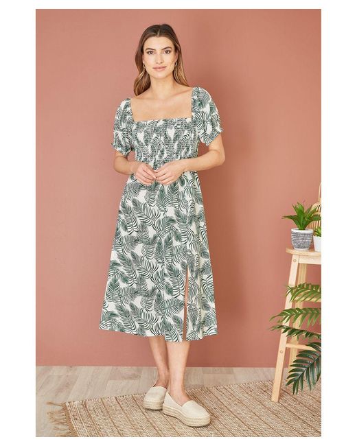 Yumi' Green Organic Cotton Palm Print Midi Dress With Side Split