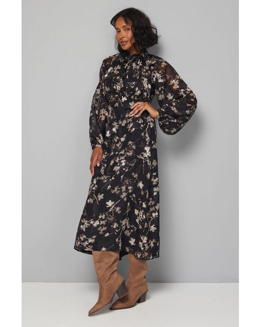 Wallis Black Floral Burn Out Tie Neck Midi Dress