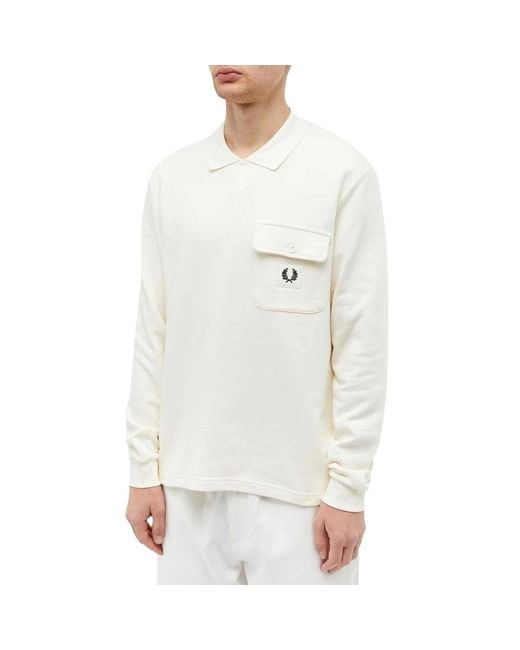 Fred Perry White Long Sleeve Loopback Ecru Sweater for men