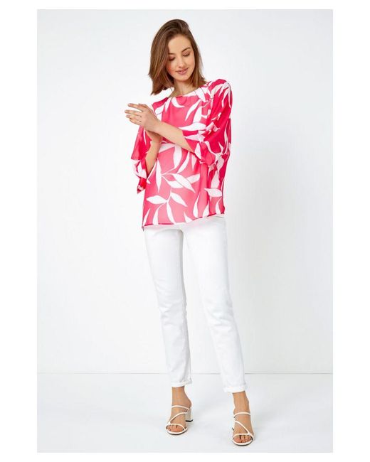 Roman Red Leaf Print Overlay Top