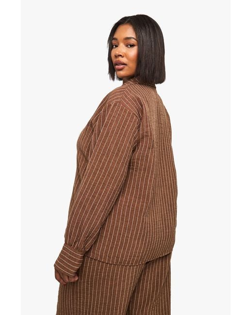 Boohoo Brown Plus Woven Stripe Oversized Shirt