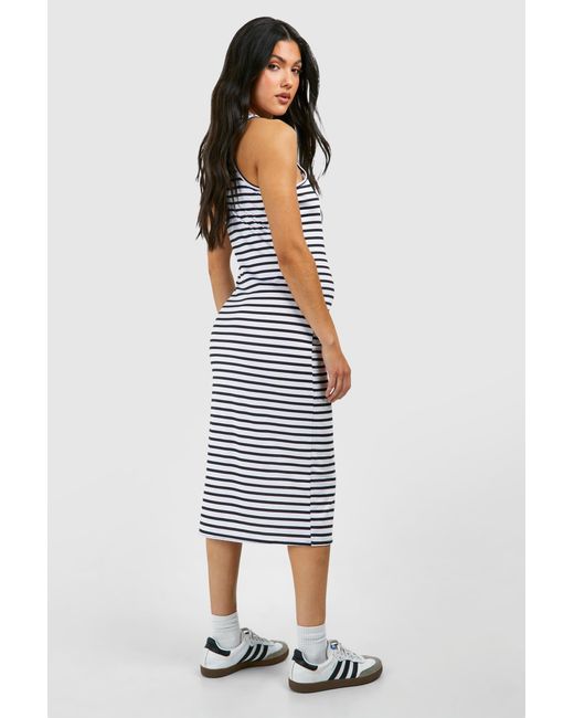 Boohoo Blue Maternity Stripe Racer Neck Midi Dress