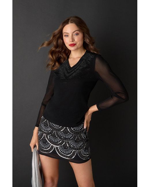 Izabel London Black Sparkly Semi Sheer Long Sleeve Top