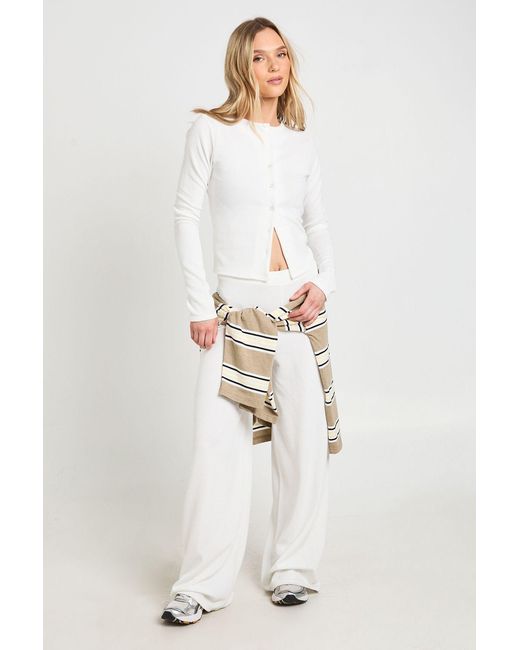 Boohoo White Petite Rib Button Through Long Sleeve Top And Wide Leg Trouser Co-Ord