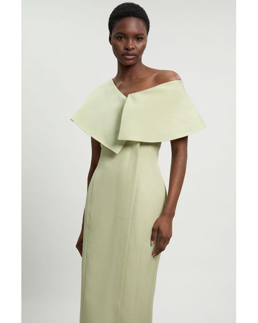 Karen Millen Green Polished Linen Blend Asymmetric Fold Detail Tailored Midi Pencil Dress