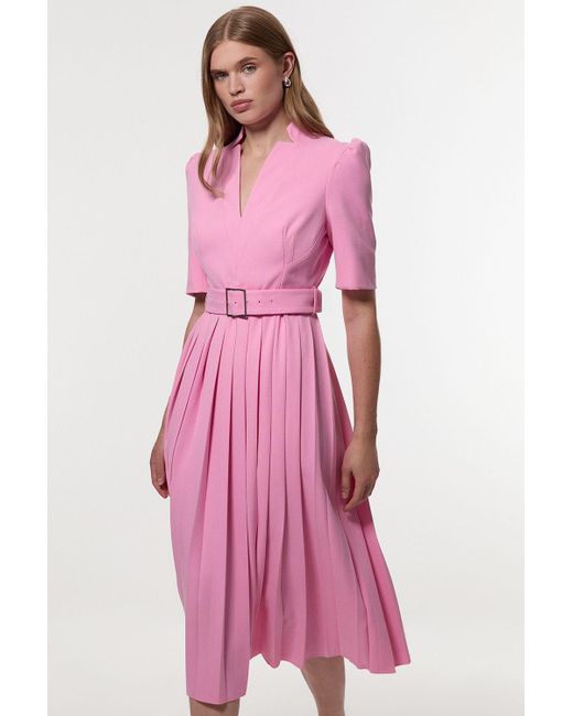 Karen Millen Tailored Structured Crepe Forever Pleat Belted Midi