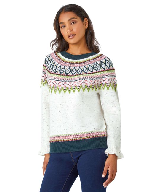 Roman White Fairisle Frill Detail Stretch Jumper