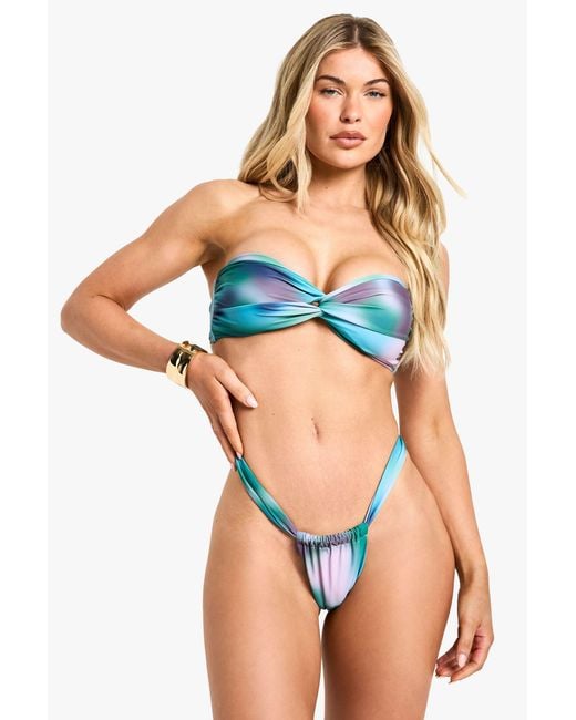 Boohoo Multicolor Tie Dye Print Knot Front Bandeau Bikini Top & Tanga Bikini Bottoms Set