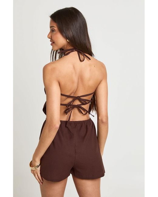 Boohoo Purple Linen Look Shirred Playsuit