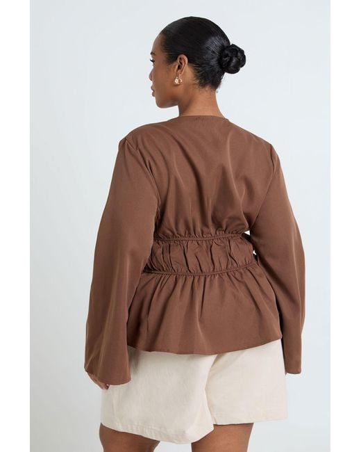 Boohoo Brown Plus Flared Sleeve Tie Front Ruched Waist Top
