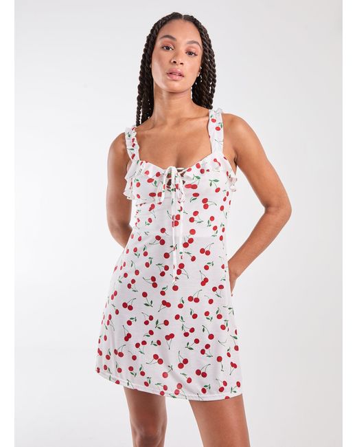 Pink Vanilla White Cherry Print Strappy Mini Dress