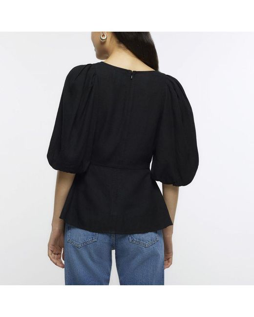 River Island Black Top Puff Sleeve With Linen Viscose