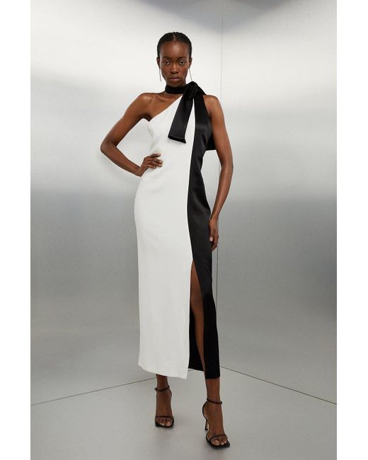Karen Millen Gray Tailored Satin Back Crepe Tie Neck Contrast Panel Maxi Dress