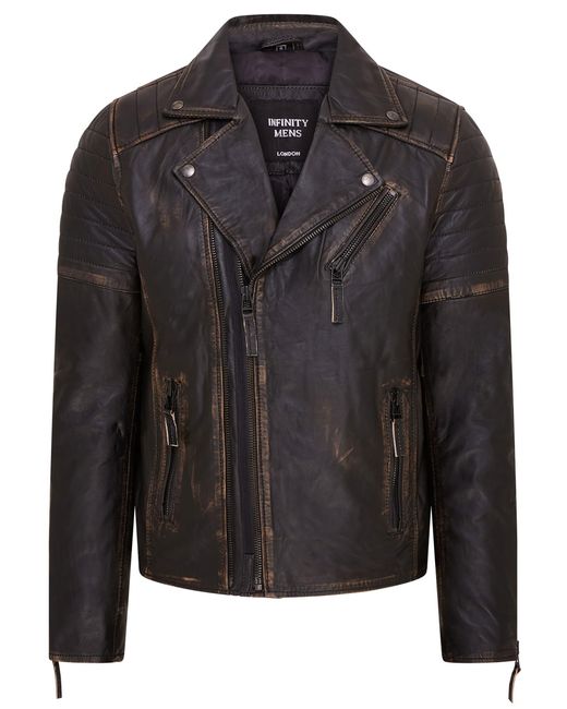 Infinity Leather Black Vintage Brando Double Cross Zip Biker Jacket- Fagernes for men