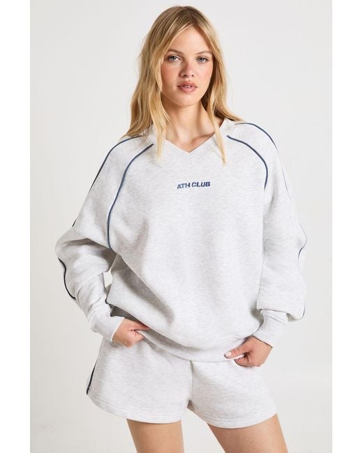 Boohoo White Petite Ath Club Embroidered V Neck Piping Short Tracksuit
